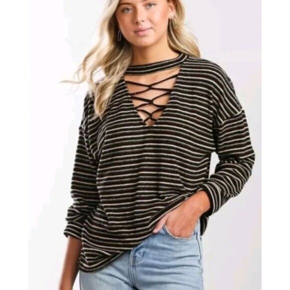 Gilded Intent Womens Black/Brown Oversized Striped V-Neck Strappy Knit Top Large - Picture 2 of 10